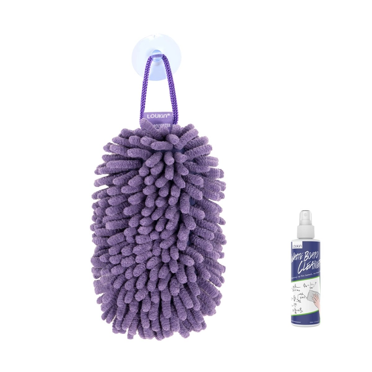Main product image of the Loukin Microfiber Shag Eraser (W3510K) in a purple color, shown hanging by its loop and suction cup. Next to the eraser is a bottle of Whiteboard Cleaner, indicating the product is sold as a cleaning set. The image is on a clean white background.