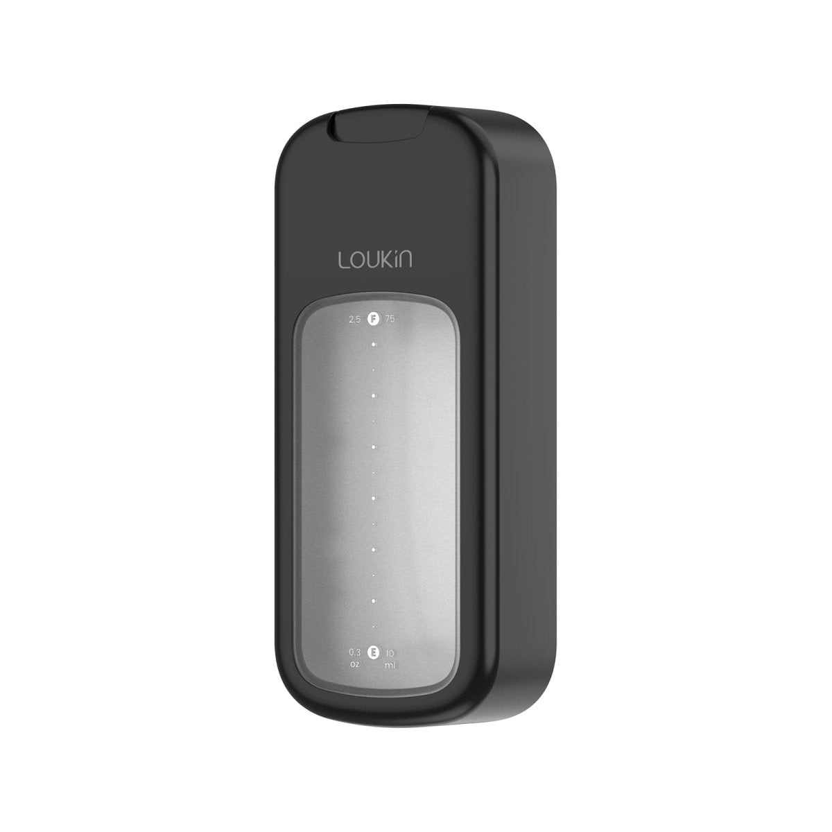 loukin W3543K All-in-One Eraser main product shot in black. The minimalist, black magnetic storage piece features a clear/translucent gray window with visible size/fill markings and the "LOUKIN" logo, suggesting a sleek, modern design for holding whiteboard accessories.