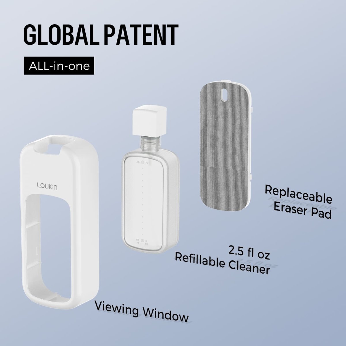 loukin W3543K All-in-One Eraser displaying its GLOBAL PATENT and disassembled components. The image shows the three main parts: the outer holder with a Viewing Window, the inner 2.5 fl oz Refillable Cleaner bottle/mechanism, and the Replaceable Eraser Pad, highlighting the product's innovative, integrated design.