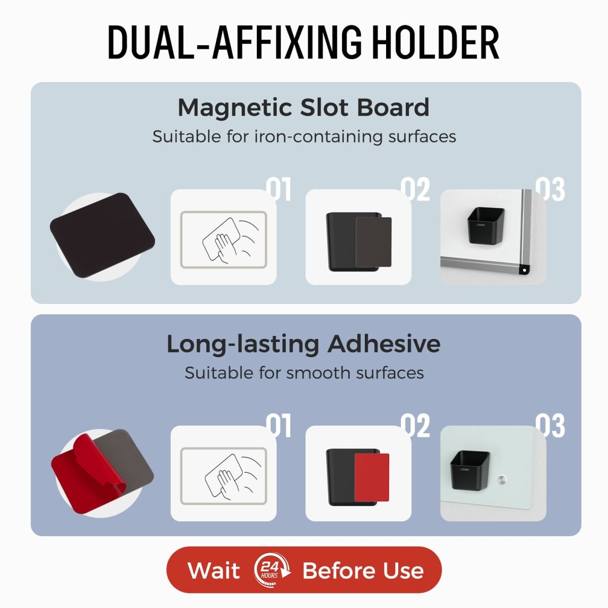 How to Use guide for the loukin W3543K All-in-One Eraser/Holder. Step 1: Clean the smooth surface. Step 2: Choose the magnetic or adhesive sticker and affix it to the back of the holder. Step 3: Attach the holder directly to the smooth surface (e.g., whiteboard) and wait 24 hours before use for the adhesive to set.