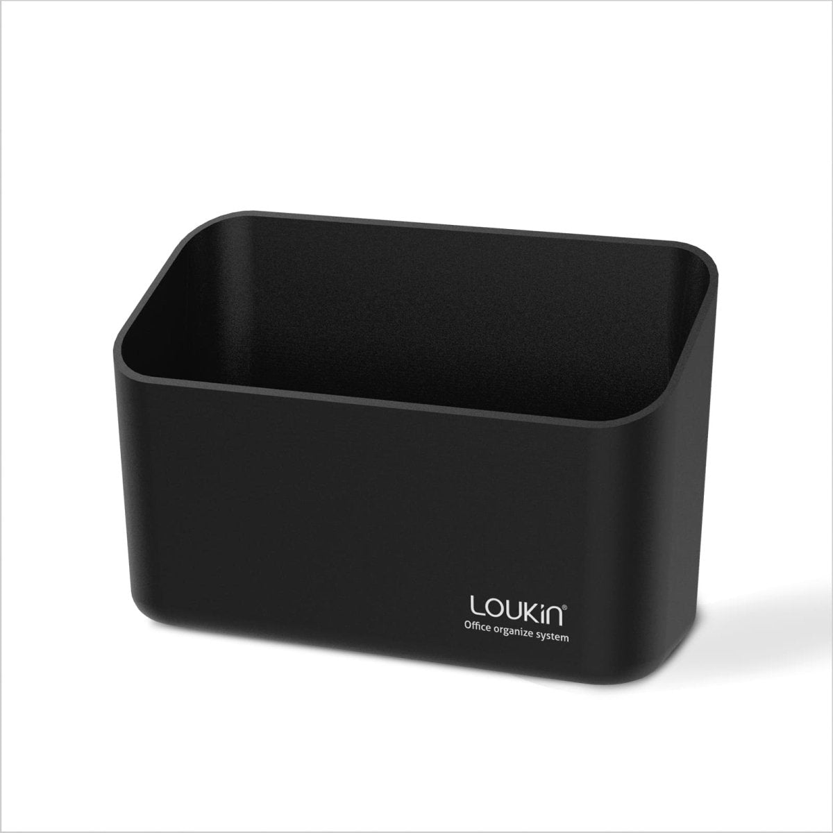 loukin W4101K Small Marker Holder in black. Front-facing product image showcasing the empty, single-compartment rectangular organizer bin with the "Loukin Office organize system" logo, isolated against a white background.