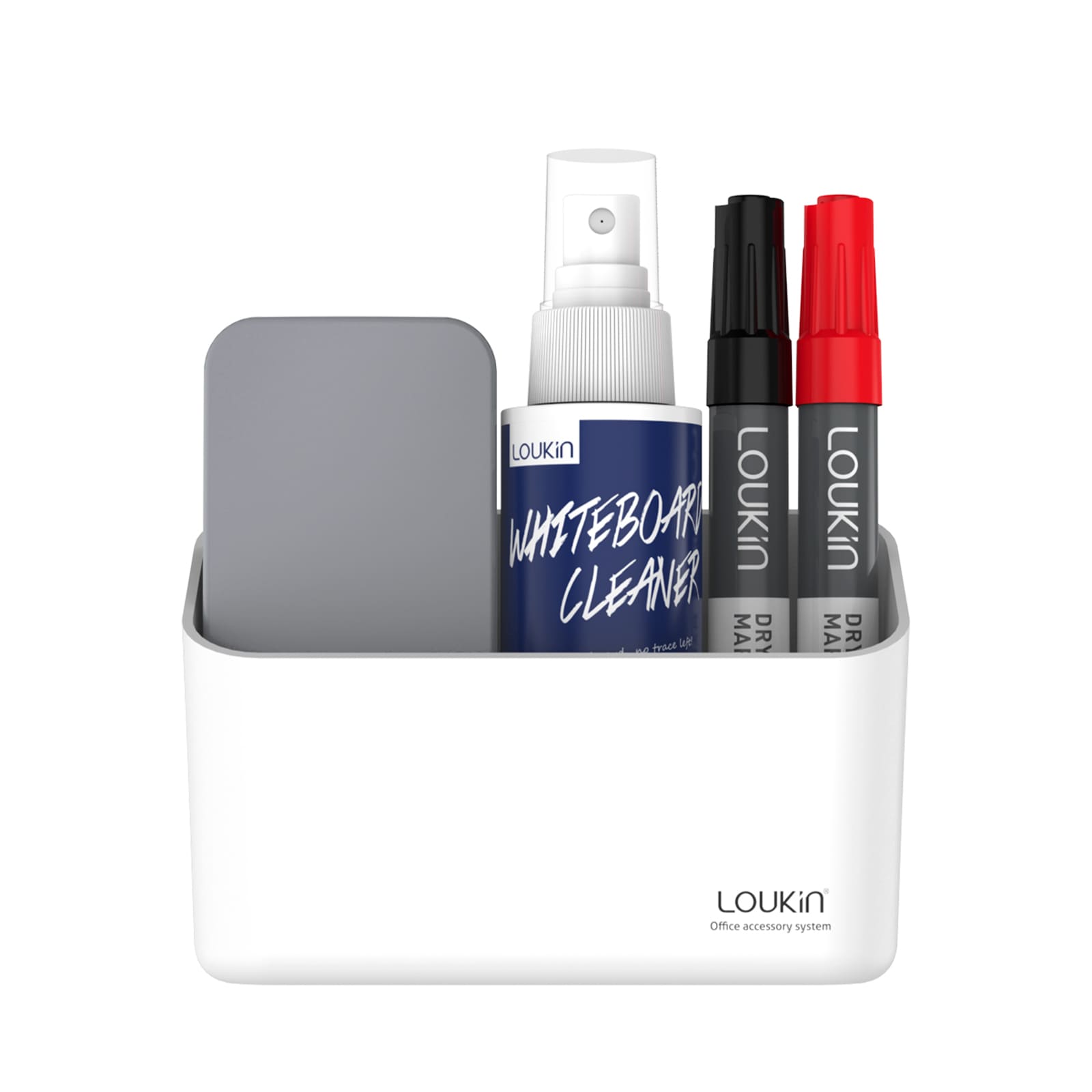 loukin W4101K Small Marker Holder in white, filled with dry-erase accessories (eraser, whiteboard cleaner spray, and two markers) to show capacity. The image highlights the compact organization solution with the "Loukin Office accessory system" logo visible on the front.
