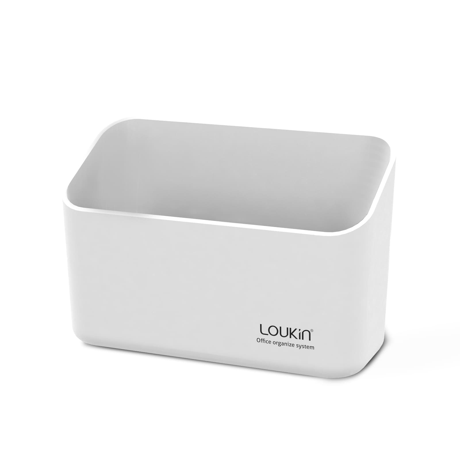 loukin W4101K Small Marker Holder in white. Front-facing product image showcasing the single-compartment rectangular organizer bin with the "Loukin Office organize system" logo, isolated against a white background.