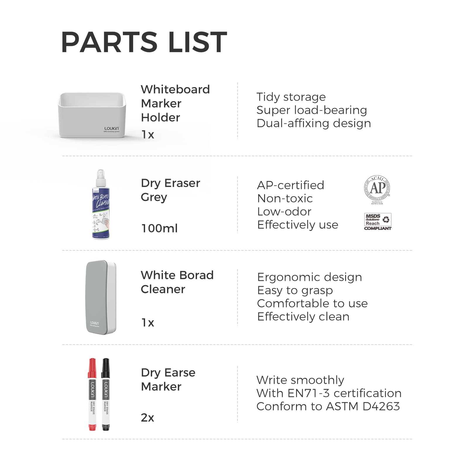 loukin W4101K Small Marker Holder Set parts list. Includes 1x Whiteboard Marker Holder (white) with dual-affixing design, 100ml Dry Eraser Cleaner (grey/purple bottle), 1x White Board Cleaner (eraser), and 2x Dry Erase Markers (red and black).