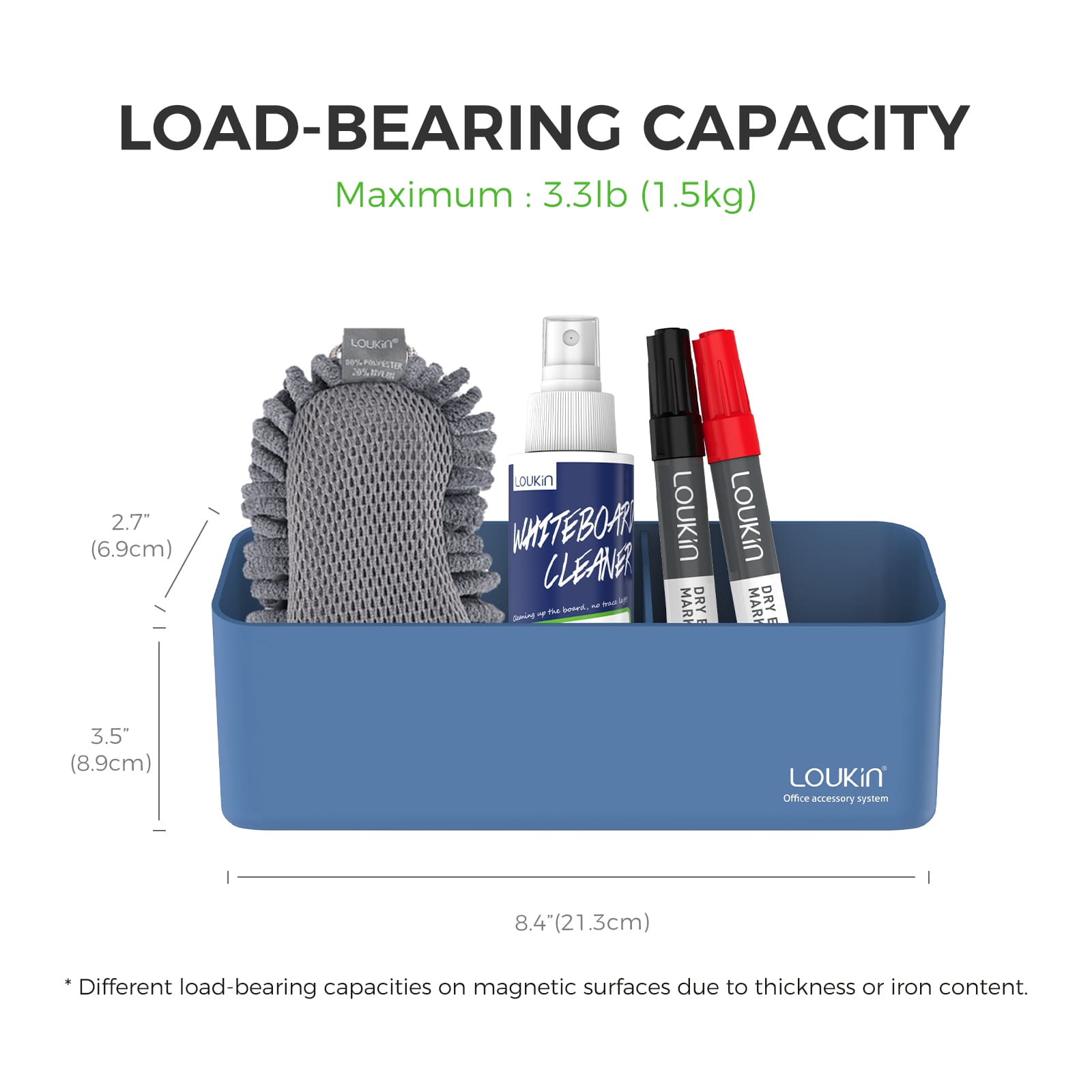 loukin W4102 MarkerHolderBig in blue showing LOAD-BEARING CAPACITY and dimensions. The maximum load capacity is 3.3lb (1.5kg). Dimensions shown are 8.4" (21.3 cm) wide, 3.5" (8.9 cm) total height, and 2.7" (6.9 cm) front height. The note advises that load-bearing capacities may vary on magnetic surfaces due to thickness or iron content.
