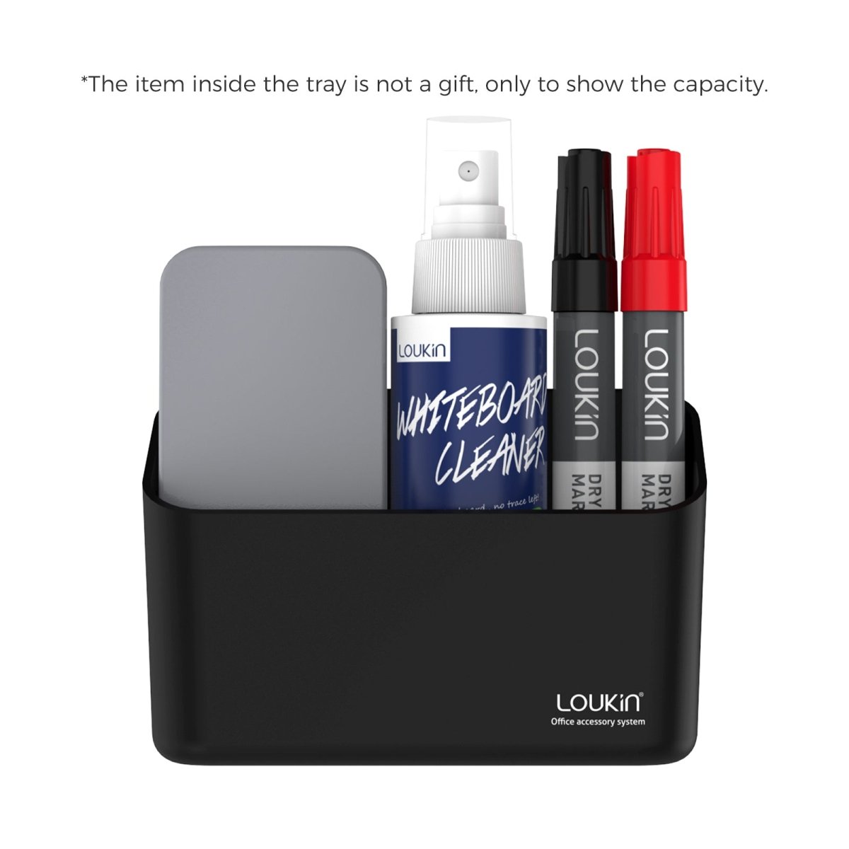 loukin W4102 MarkerHolderSmall in black shown filled to display its capacity. The holder contains a gray dry eraser, a bottle of whiteboard cleaner, a black dry erase marker, and a red dry erase marker. A note indicates that the items inside the tray are only for capacity demonstration and are not included as gifts.