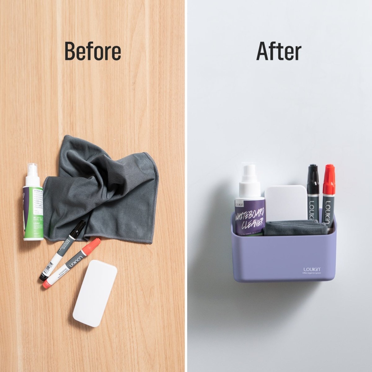 loukin W4102 MarkerHolderSmall Before and After comparison image. The "Before" section shows messy office supplies (cleaner, markers, eraser, cloth) scattered on a wooden surface. The "After" section shows the same items neatly organized and stored inside the purple magnetic holder, which is attached to a vertical white surface, demonstrating the holder's function for decluttering and vertical storage.
