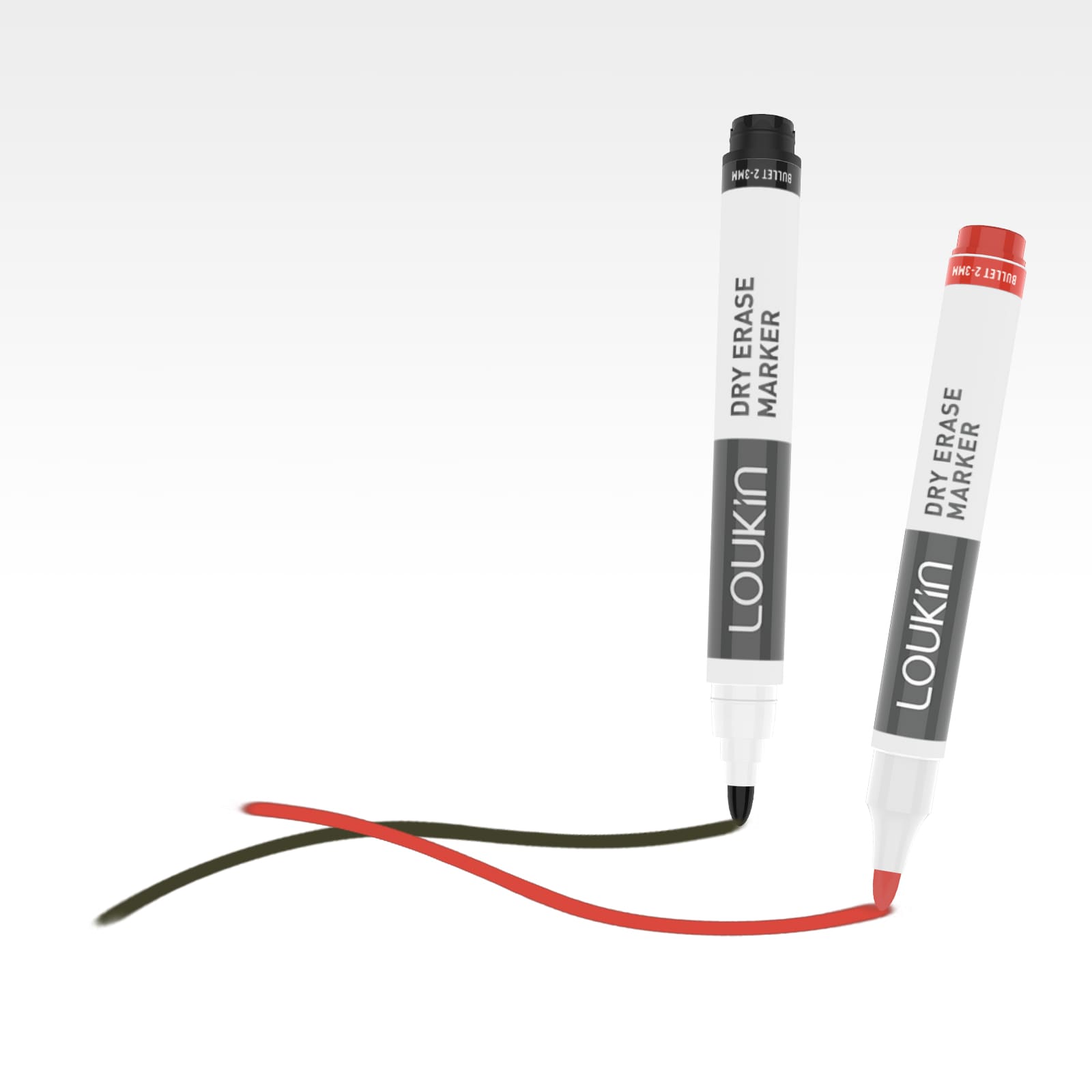 Product accessory image showing two Loukin Dry Erase Markers (one black, one red) from the Big Marker Holder Set (W4102K), drawing bold lines to demonstrate their writing quality. The image focuses on the marker tips and barrels, highlighting the Loukin branding.
