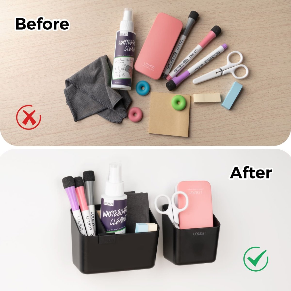 Before-and-After comparison image highlighting the organization provided by the Loukin Duo Magnetic & Adhesive Organizer Set (W4121K). The "Before" section shows whiteboard accessories (cleaner spray, markers, pink magnetic eraser, cloth, scissors, magnets) scattered loosely on a wooden desk. The "After" section shows all items neatly stored in the two white organizers, which are magnetically attached to a clean white surface, demonstrating the product's ability to reduce clutter and improve accessibility.