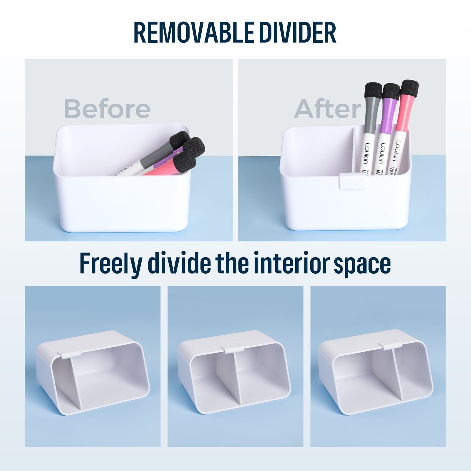 Before-and-After comparison image highlighting the organization provided by the Loukin Duo Magnetic & Adhesive Organizer Set (W4121K) in black. The "Before" section shows whiteboard accessories (cleaner spray, markers, pink magnetic eraser, cloth, scissors, magnets) scattered loosely on a wooden desk. The "After" section shows all items neatly stored in the two black organizers, which are attached to a clean white surface, demonstrating the product's ability to reduce clutter and improve accessibility.
