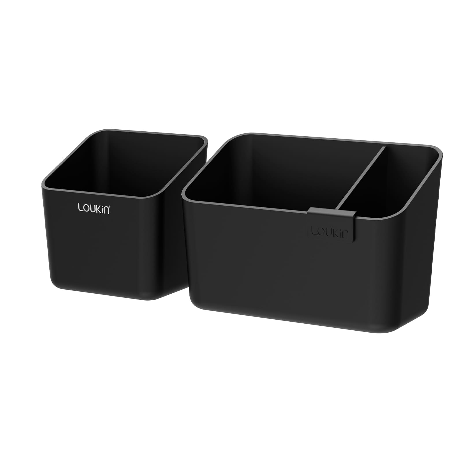 Main product image for the Loukin Duo Magnetic & Adhesive Organizer Set (W4121K), showing the two black organizers. The set includes one single-compartment square caddy and one double-compartment rectangular caddy, both in a matte black finish. This image highlights the clean, modern aesthetic of the organizers for versatile use in offices or classrooms.