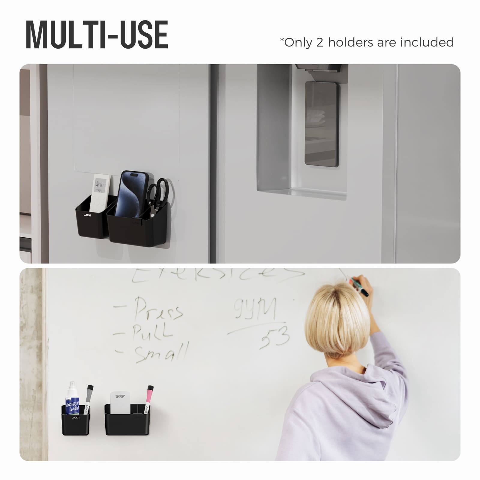 Lifestyle image featuring the Loukin Duo Magnetic & Adhesive Organizer Set (W4121K), showcasing the "Small + Mini Set" for "Free combination & usage". The two white organizers are attached to a wall above a desk. The larger caddy holds scissors, a smartphone, and pens. The smaller caddy holds a remote control and sunglasses. This emphasizes the set's versatility for organizing various small items in a home or office environment.