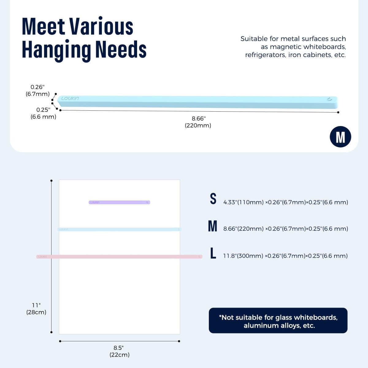 Feature image for the Loukin Rectangular Magnets Bar (W4301), highlighting its quality and usability. The top panel shows a hand holding a yellow magnet bar, emphasizing the "Comfortable and Smooth Touch". The bottom panel shows a scenario where a yellow, pink, purple, and blue magnet bar are securely holding various papers and photos (e.g., a "Fashion Information" newspaper clipping) on a white metallic surface, demonstrating the "Sturdy & Durable" hold.