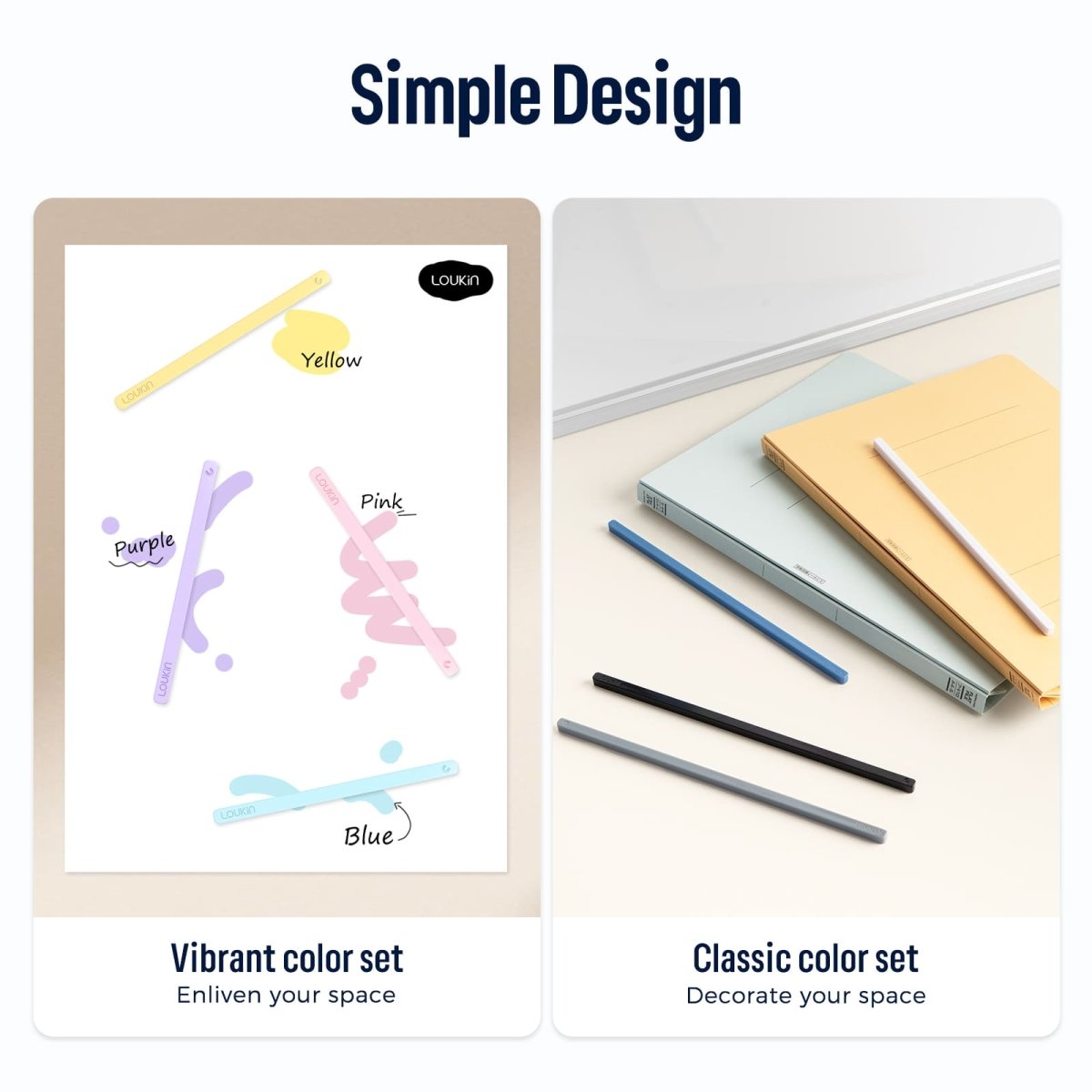 Main product image of the Loukin Rectangular Magnets Bar (W4301), showcasing the four vibrant color options: yellow, blue, purple, and pink. The image displays the four slim, elongated magnetic bars arranged diagonally on a white background, highlighting their sleek, simple design and the embossed "LOUKIN" logo.