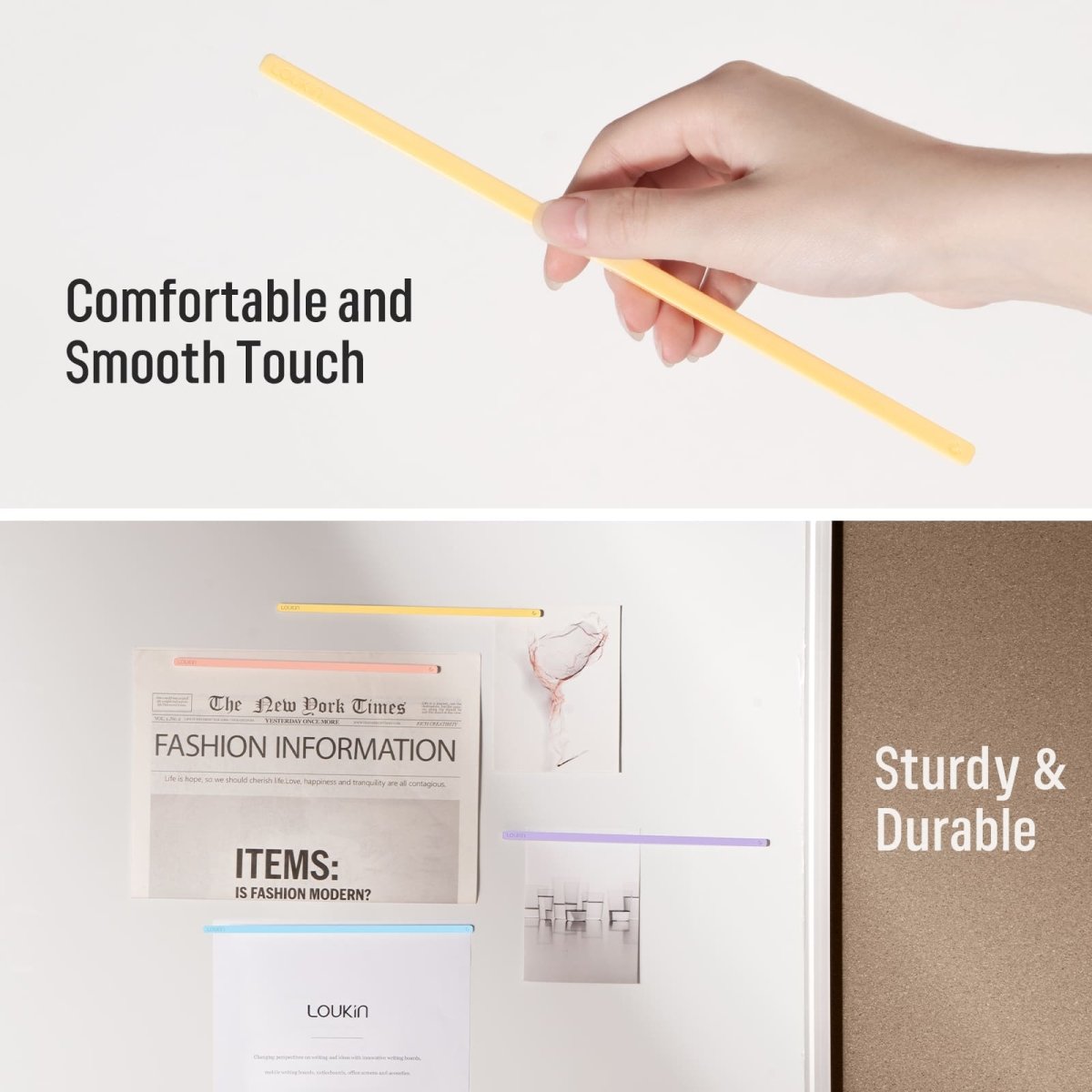 Lifestyle image showcasing the Multi-Use capabilities of the Loukin Rectangular Magnets Bar (W4301). The four panels illustrate different metallic surfaces where the magnet bars can be used: Magnetic whiteboard (a person writing next to a note held by a magnet bar), Refrigerator (a note held by a magnet bar on a white fridge), Warehouse (in a storage environment with metal shelving), and Storage rack (on a metal clothing rack). This emphasizes the product's versatility across office, home, and commercial/in