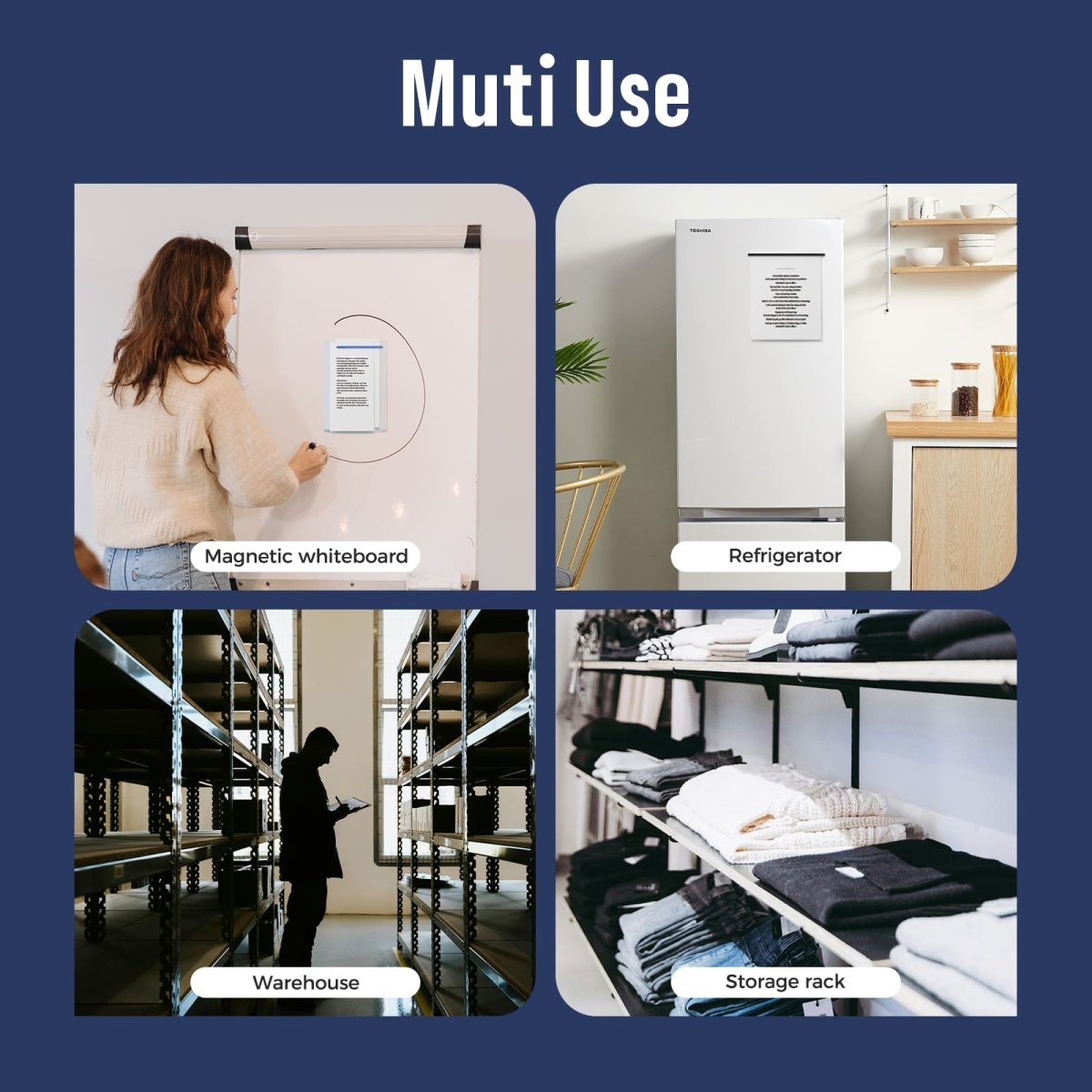 Feature image detailing the size and applicability of the Loukin Rectangular Magnets Bar (W4301) to "Meet Various Hanging Needs". The image shows three available sizes: S (4.33"/110mm), M (8.66"/220mm), and L (11.8"/300mm). The dimensions of the smallest bar (S) are detailed as 4.33" x 0.26" x 0.25". The graphic shows a visual comparison of the S, M, and L sizes against a standard 11" x 8.5" paper. It notes that the magnets are "Suitable for metal surfaces" like magnetic whiteboards, refrigerators, and iron