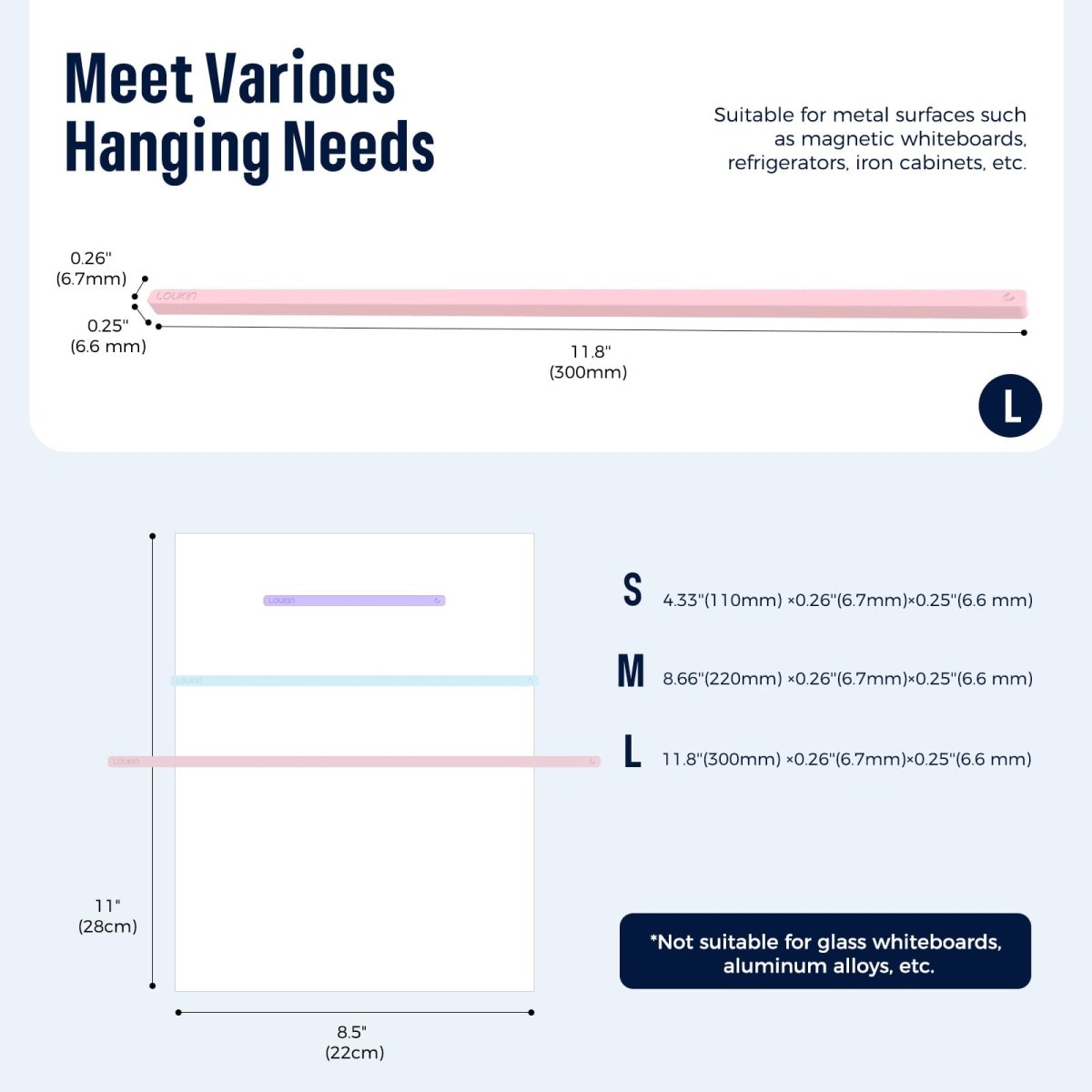 Feature image detailing the size and applicability of the Loukin Rectangular Magnets Bar (W4301) to "Meet Various Hanging Needs". The image focuses on the Medium (M) size, which is 8.66" (220mm) long. The thickness is detailed as 0.26" x 0.25". It shows a visual comparison of the S, M, and L sizes against a standard 11" x 8.5" paper. It notes that the magnets are "Suitable for metal surfaces" like magnetic whiteboards, refrigerators, and iron cabinets, but "Not suitable for glass whiteboards, aluminum alloy