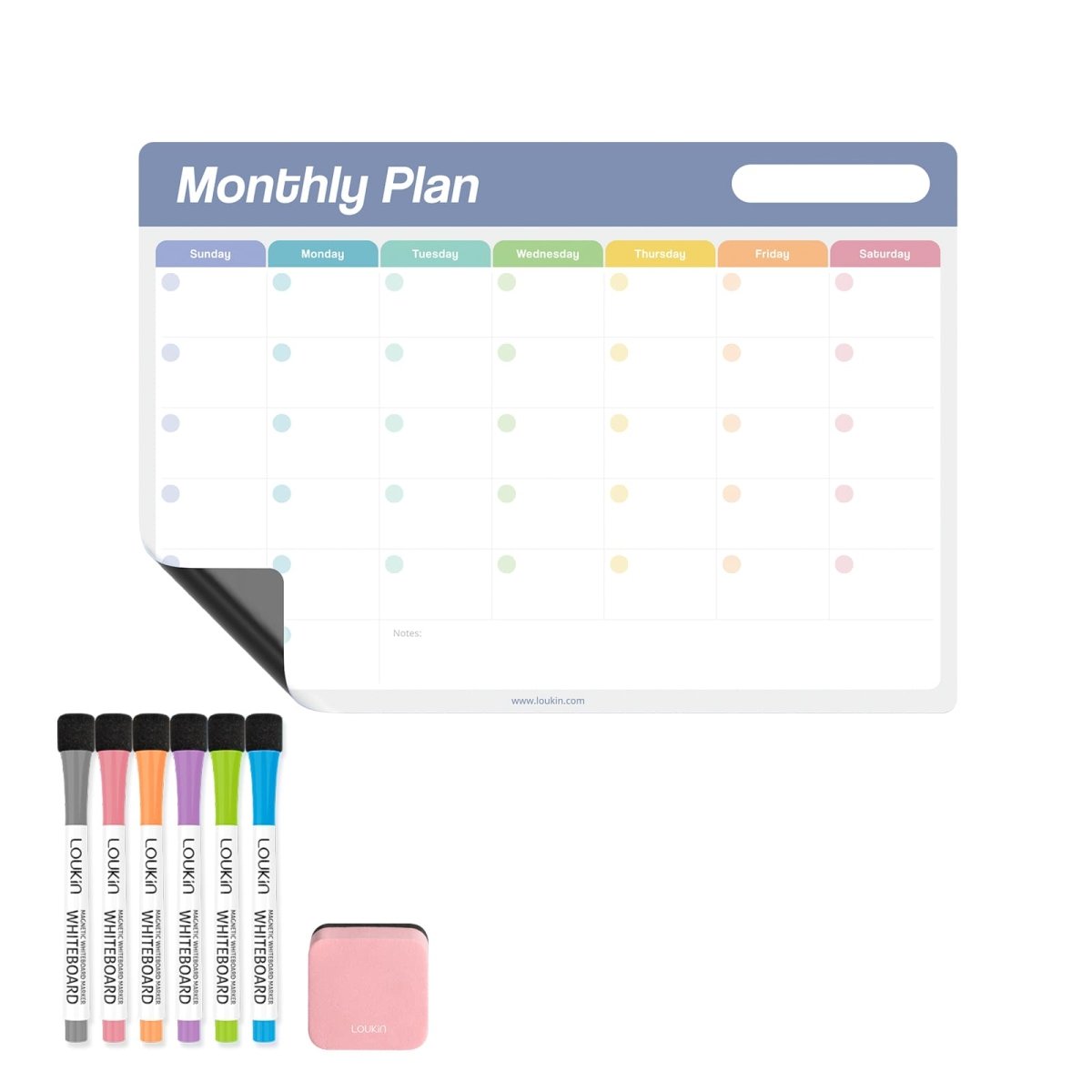 The complete set of the LOUKIN **Static Cling Dry Erase Monthly Calendar**, model W1303K. The set includes a flexible magnetic monthly planner whiteboard with a colorful header, six different color dry erase markers, and a small pink magnetic eraser.