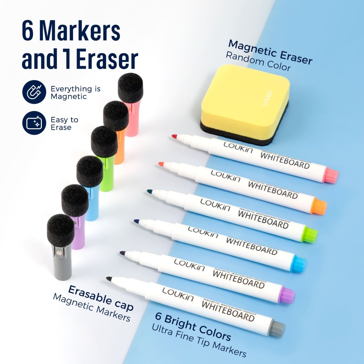A close-up image detailing the accessories in the LOUKIN Weekly Dry Erase Calendar Set, model W1304K. The set includes **6 Bright Colors Ultra Fine Tip Markers** with erasable magnetic caps and **1 Magnetic Eraser** (random color, shown in yellow). The image emphasizes that **Everything is Magnetic** and **Easy to Erase**.
