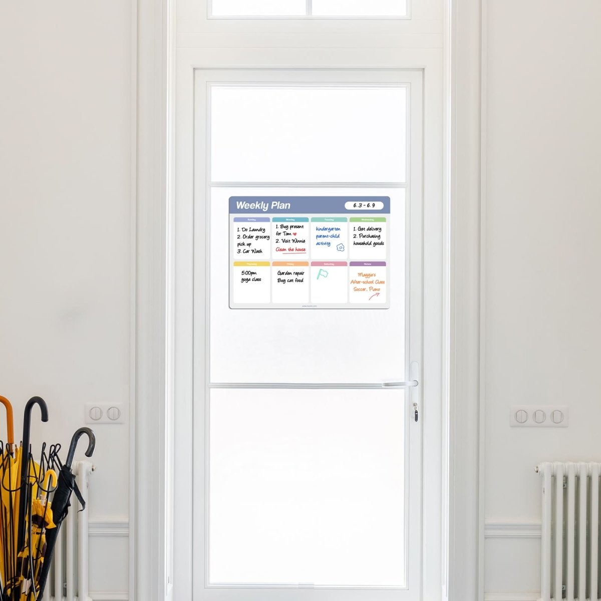 A lifestyle image showing the LOUKIN Magnetic **Weekly Plan Dry Erase Calendar** (model W1304K) adhered to a glass door. The calendar is filled with handwritten weekly tasks and plans, demonstrating its use as an organizer.