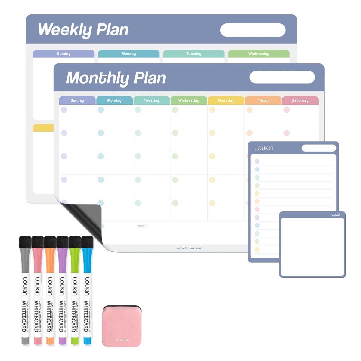 A flat lay product image showing the full contents of the LOUKIN **4-Piece Dry Erase Calendar Set**, model W1307K. The set includes one large **Monthly Plan** calendar board, one large **Weekly Plan** calendar board, two small blank planning/checklist boards, six **color markers**, and one **pink magnetic eraser**.