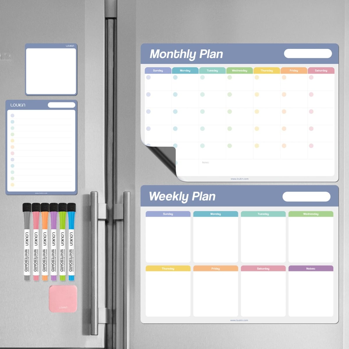 A product image showing the **LOUKIN Dry Erase Calendar Set** (model W1307K) fully displayed on a stainless steel refrigerator. The set includes one large **Monthly Plan** board, one large **Weekly Plan** board, two small accessory boards, six **color markers**, and one **pink magnetic eraser**. This illustrates the comprehensive family planning and organization system in a kitchen setting.