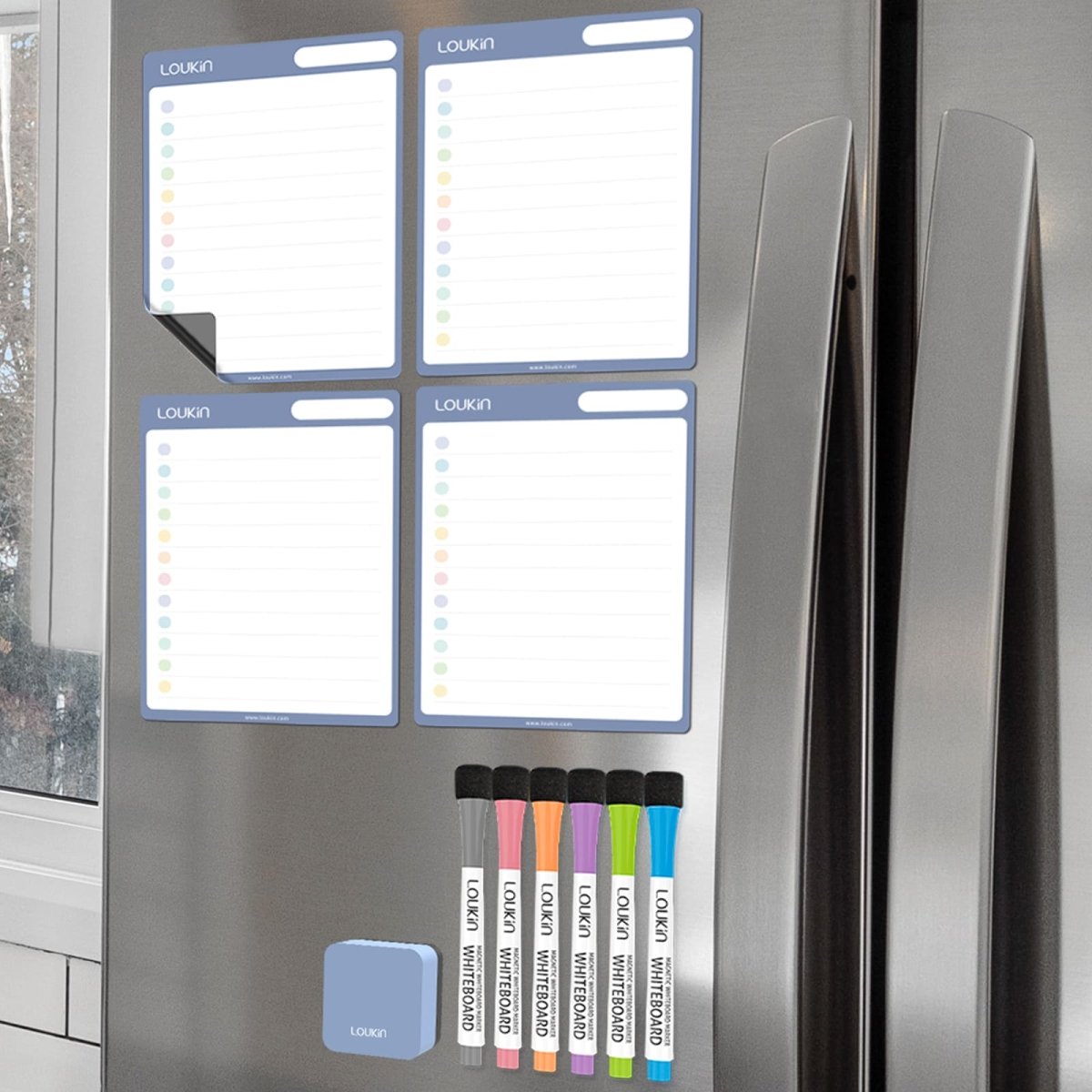 A lifestyle image showing the LOUKIN **Dry Erase Checklist** set (model W1308K) in use on a stainless steel refrigerator. **Four checklist boards** are adhered to the fridge for task organization and planning. The included accessories, **six colorful magnetic markers** and **one blue magnetic eraser**, are also displayed on the refrigerator surface.