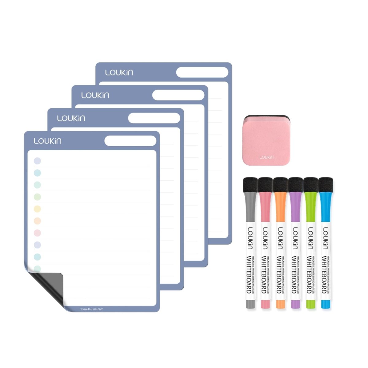 Product display image of the LOUKIN **Dry Erase Checklist** (model W1308K) set, featuring **four individual checklist boards**. The set also includes **six colorful magnetic markers** and **one pink magnetic eraser**. The checklists have a simple, bordered design with colored dots for task tracking.