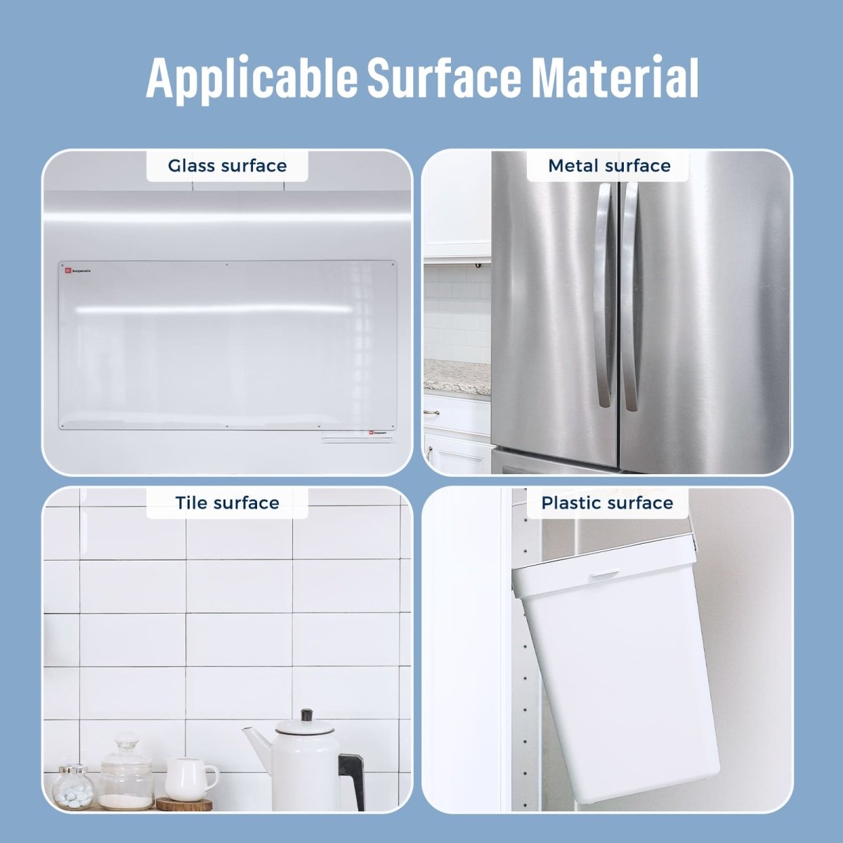 A four-panel infographic detailing the **Applicable Surface Material** for the LOUKIN Mini Dry Erase Note (model W1309K). The static cling memo board is suitable for smooth, non-porous surfaces like **Glass surface** (whiteboard), **Metal surface** (refrigerator), **Tile surface** (kitchen backsplash), and **Plastic surface** (cabinet door).