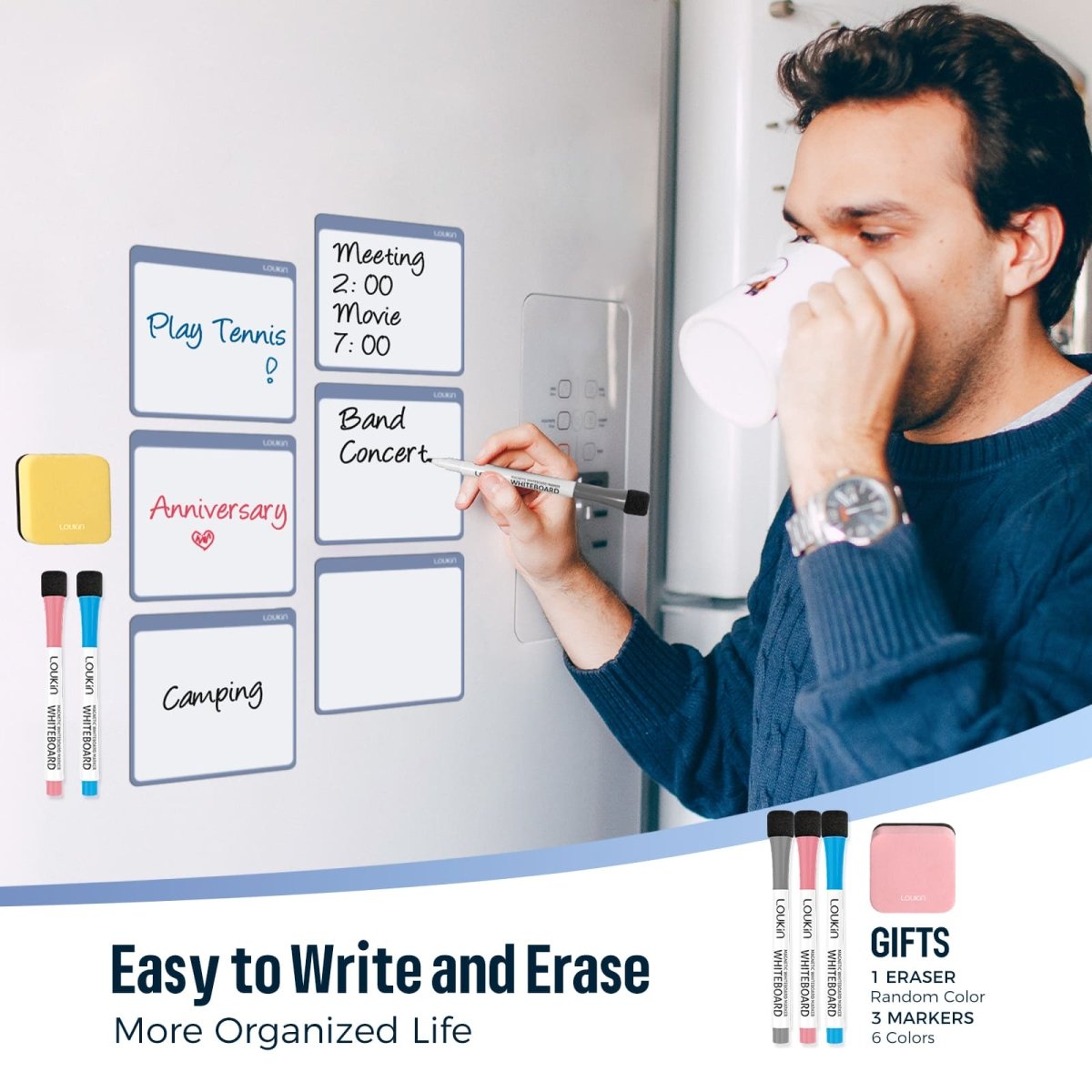 A lifestyle image showing a man using a marker to write or check appointments on the LOUKIN **Mini Dry Erase Note** (model W1309K) set, with **six square memo boards** arranged on a white refrigerator. The notes organize various tasks like "Meeting 2:00" and "Anniversary". The image highlights the **"Easy to Write and Erase"** feature and showcases the included **3 markers** and **1 eraser** as gifts.