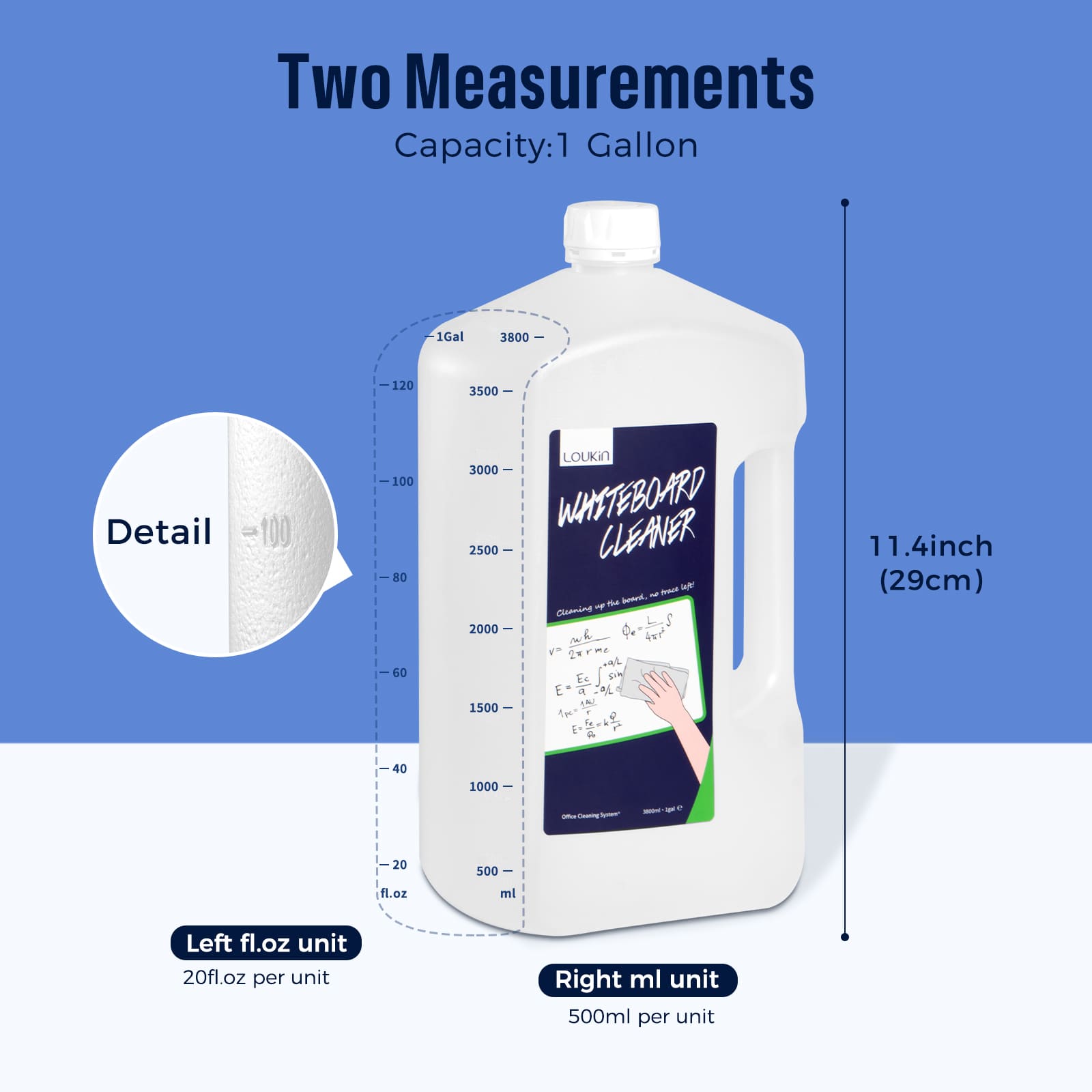An image of the LOUKIN 1-gallon whiteboard cleaner bottle, SKU W3104, highlighting its dual measurement scales in both fluid ounces and milliliters, for accurate dispensing.