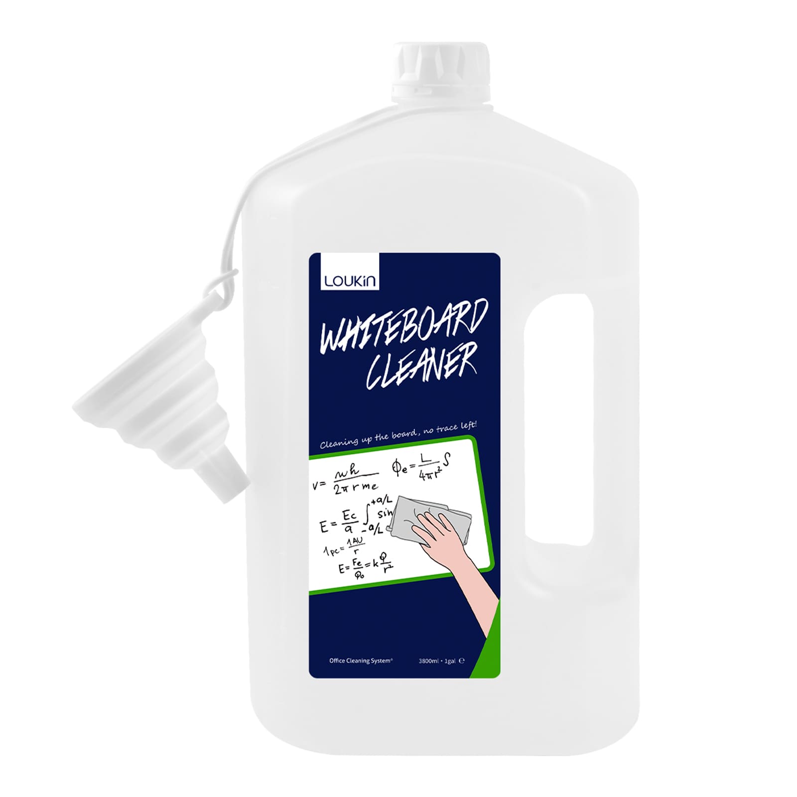 Product image of the LOUKIN 1-gallon whiteboard cleaner bottle, SKU W3104, with the included collapsible funnel hanging from the handle.