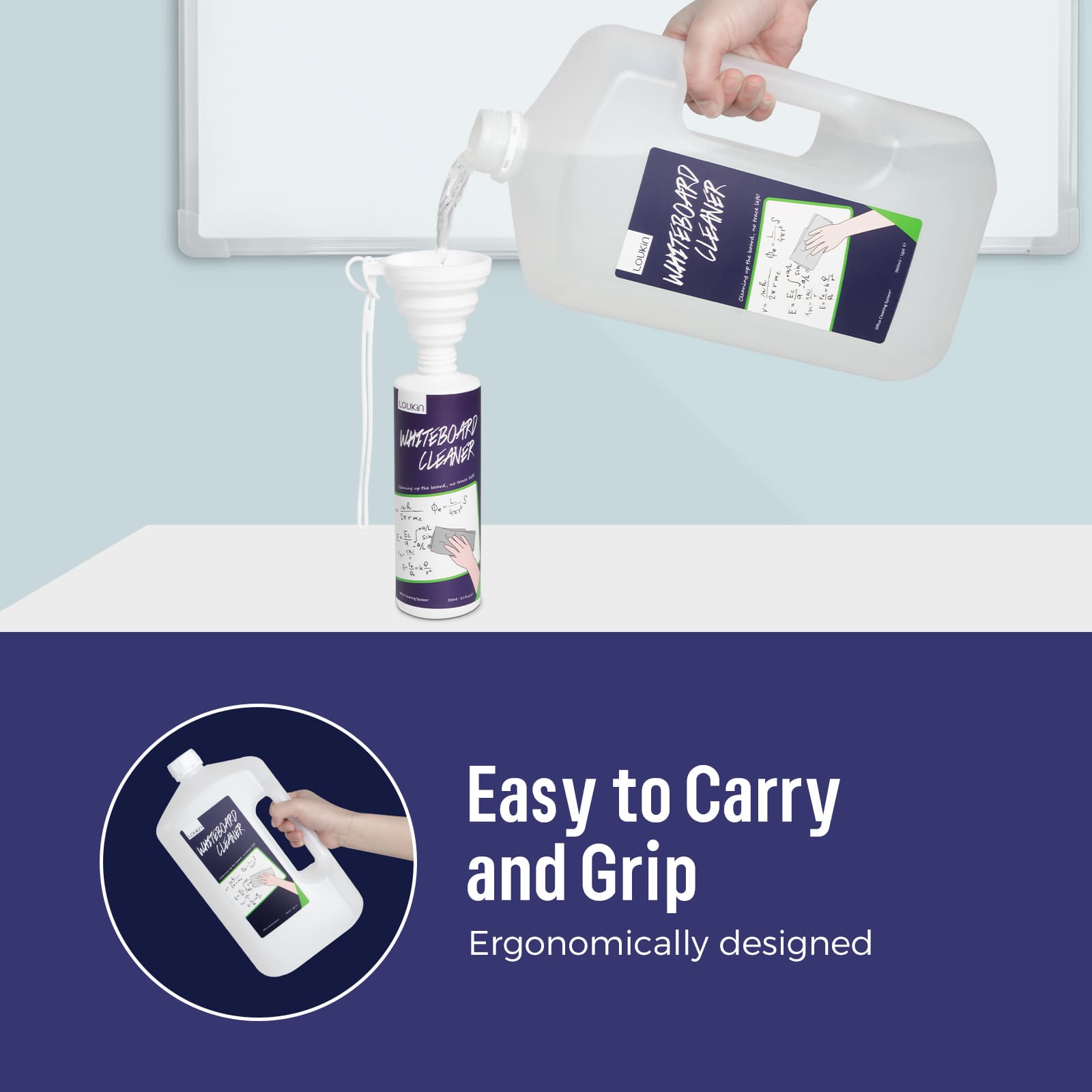 A LOUKIN 1-gallon whiteboard cleaner bottle being poured into a smaller bottle using a funnel, highlighting the easy-to-carry and ergonomic design of the bottle handle.