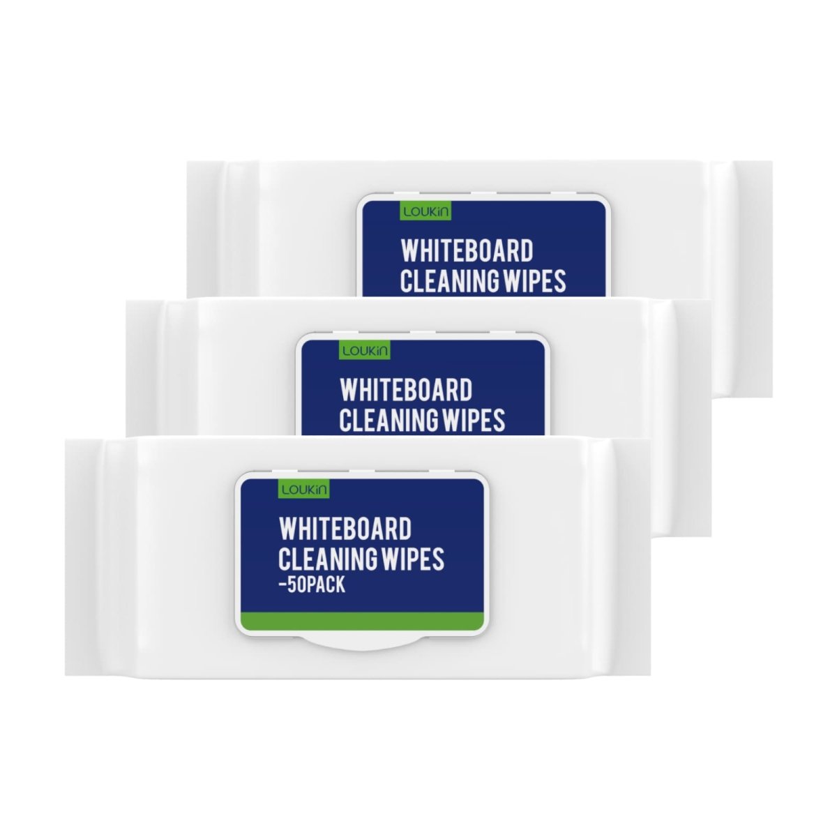 A product image showing a three-pack of LOUKIN whiteboard cleaning wipes, SKU W3201.