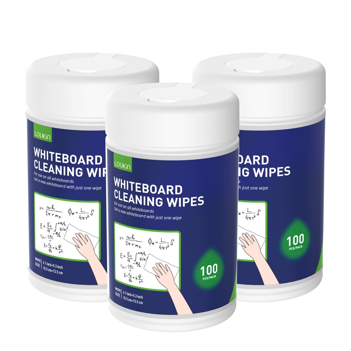 A product image showing a three-pack of LOUKIN whiteboard cleaning wipes, each containing 100 wipes.