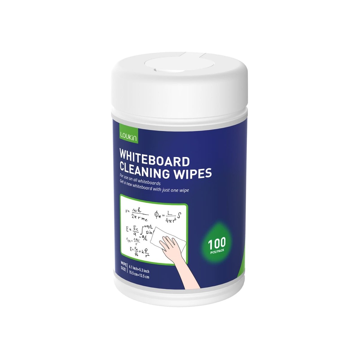 A product image of the LOUKIN Whiteboard Cleaning Wipes container, SKU W3201, designed to be easily dispensed.