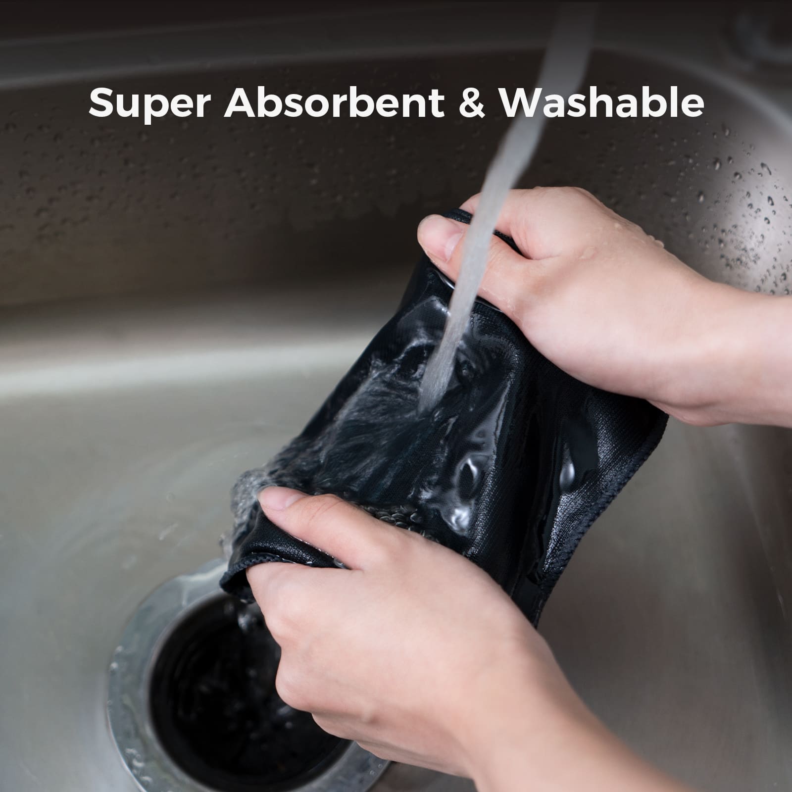 A product image showing a hand washing the LOUKIN microfiber cleaning cloth, SKU W3301, under running water in a sink, highlighting its super absorbent and washable feature.