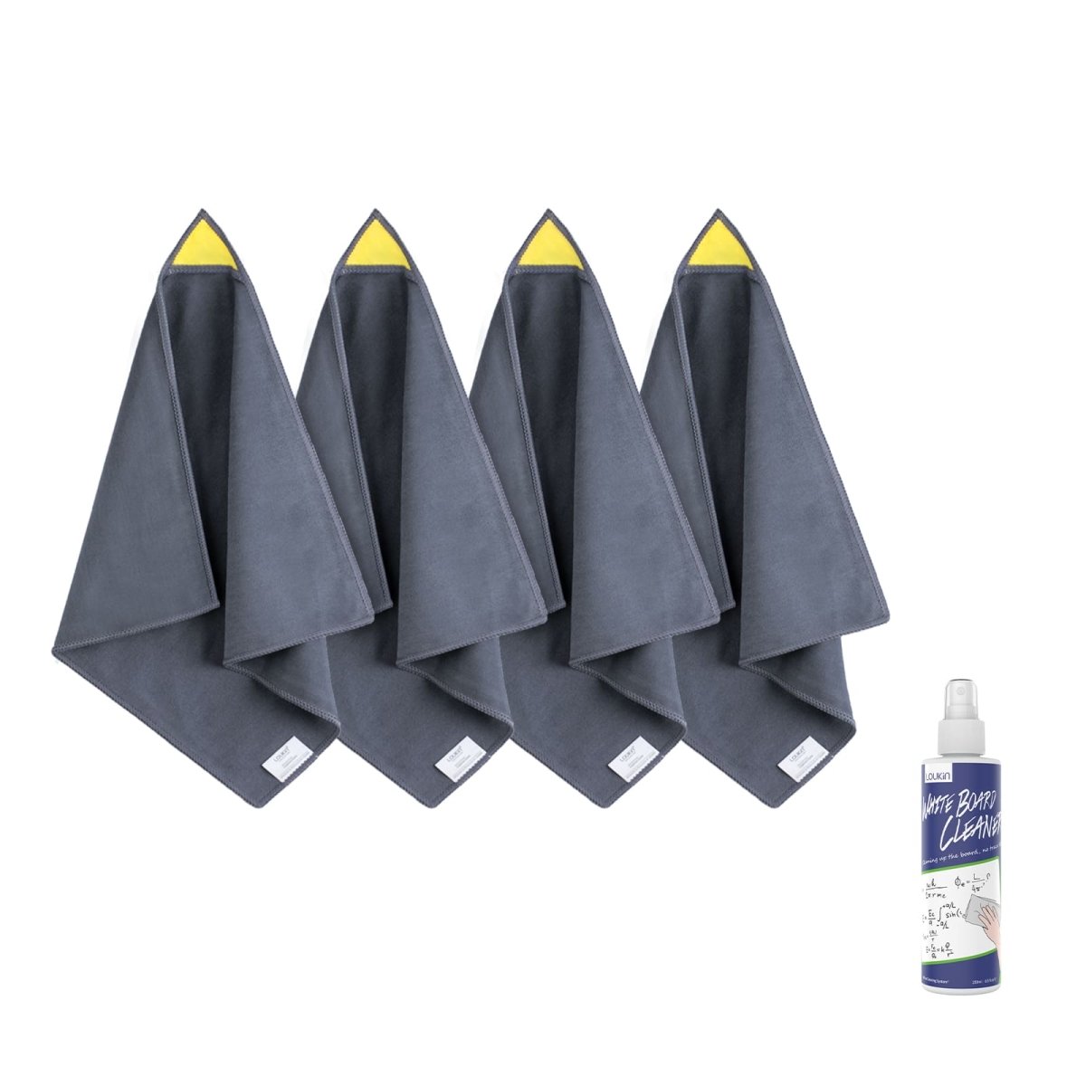 A product image showing the 4-pack of LOUKIN magnetic cleaning cloths, SKU W3302K, with a yellow loop for easy storage on a whiteboard.