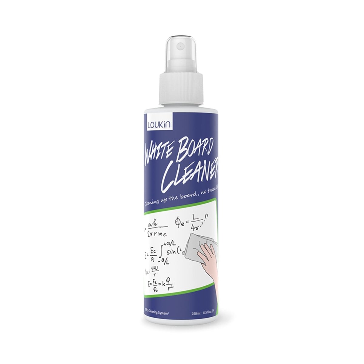 A product image showing the LOUKIN magnetic cleaning cloth, SKU W3302K, displayed together with a bottle of whiteboard cleaner.