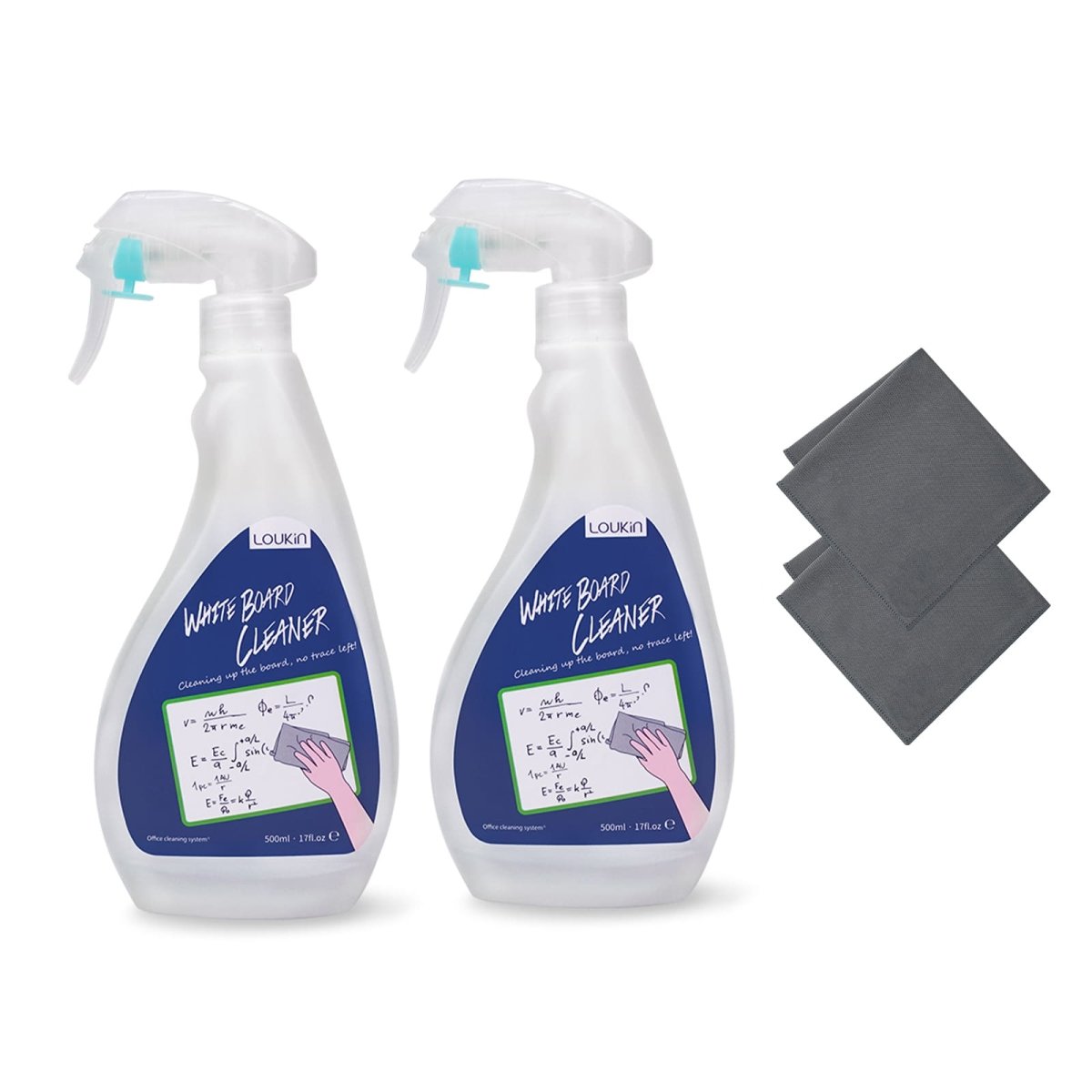 A product image showing the 2-pack kit of LOUKIN 500ml whiteboard cleaners, SKU W3404, with two bottles and two gray microfiber cleaning cloths.