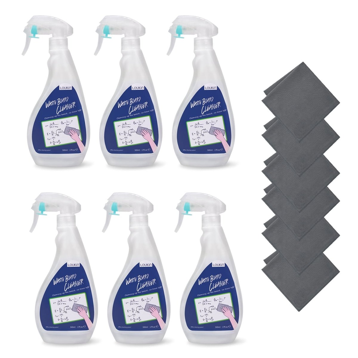 A product image showing the 6-pack kit of LOUKIN 500ml whiteboard cleaners, SKU W3404, with six bottles and six gray microfiber cleaning cloths.
