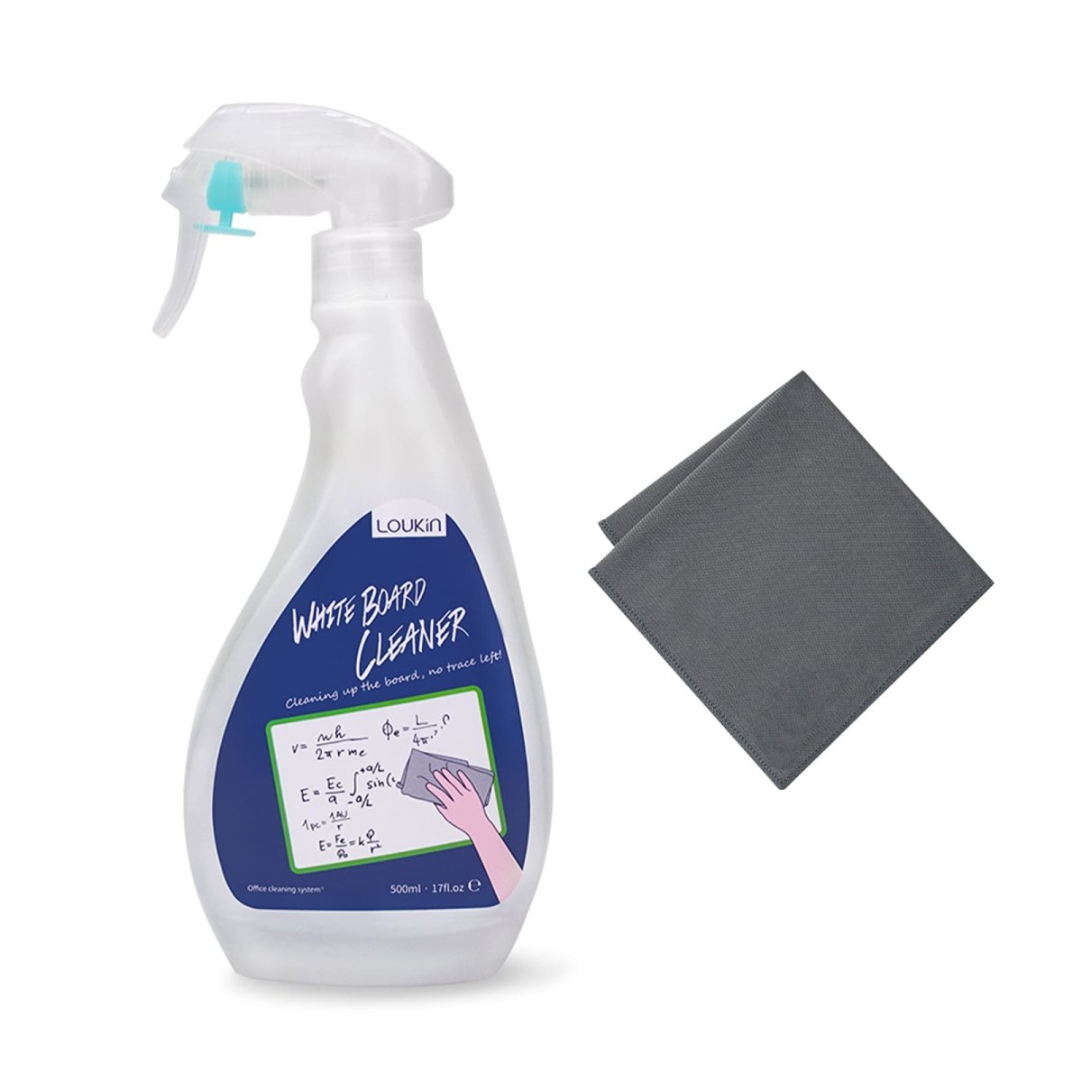 A product image showing the LOUKIN 500ml whiteboard cleaning kit, SKU W3404, which includes a bottle of whiteboard cleaner and a gray microfiber cleaning cloth.