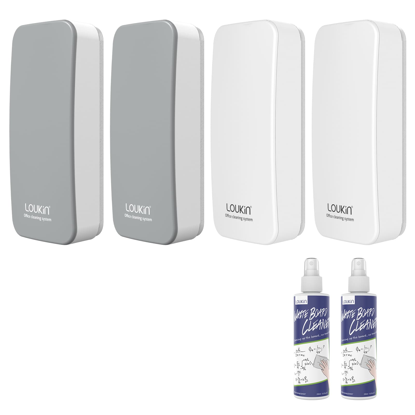 A product image showing a 4-pack of LOUKIN regular magnetic dry erase erasers, SKU W3501K, with two gray erasers and two white erasers, displayed with two bottles of whiteboard cleaner.