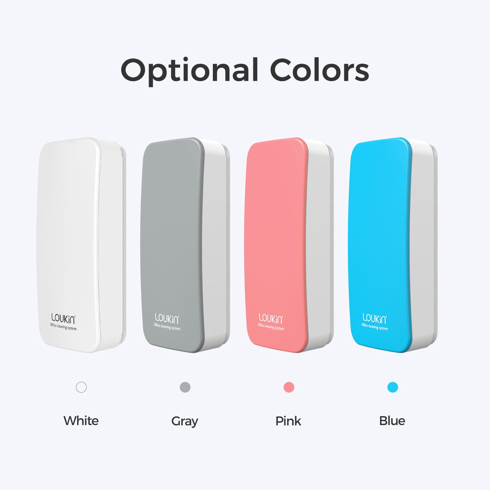 A product image showing the LOUKIN magnetic dry erase eraser, SKU W3501K, in its four optional colors: white, gray, pink, and blue.