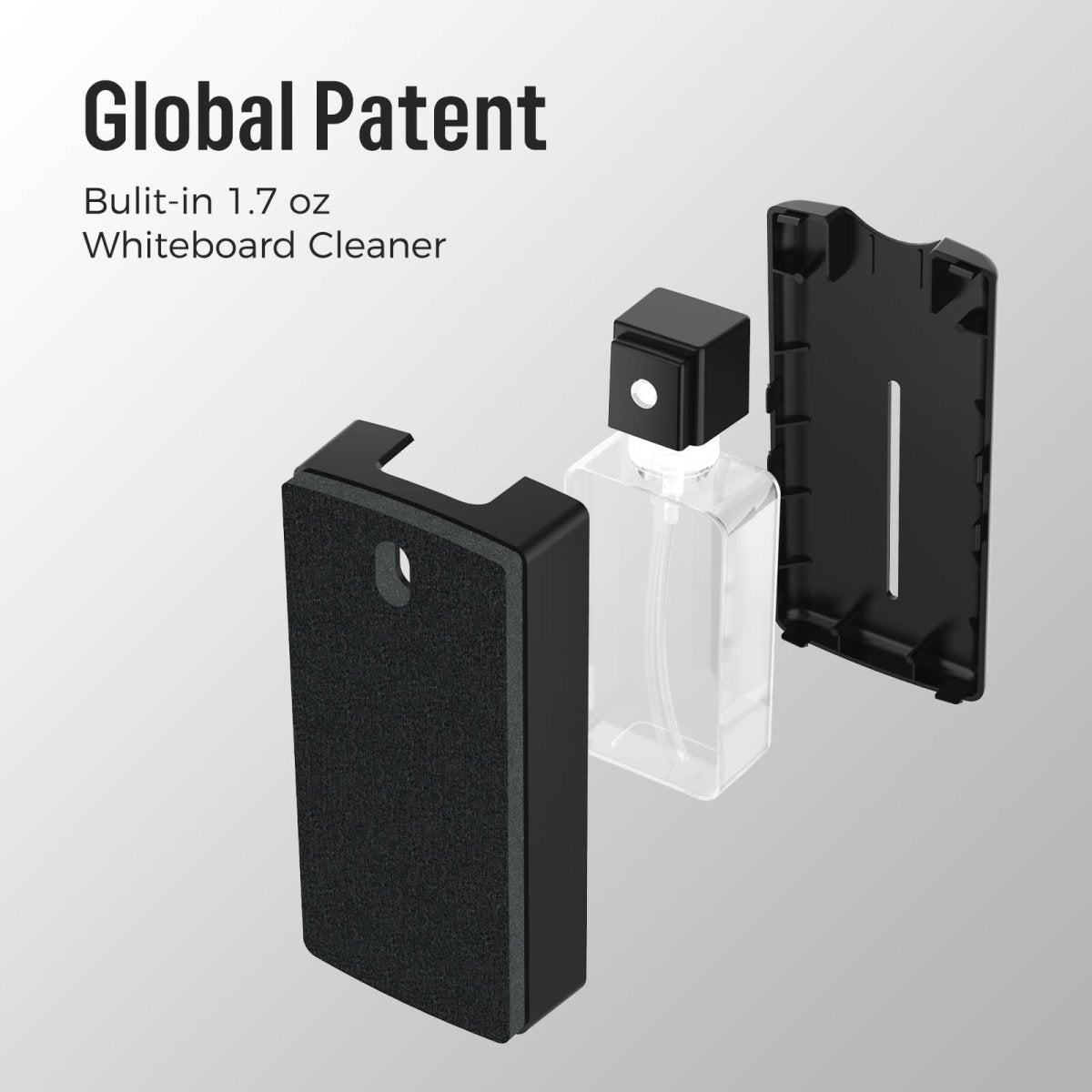 An exploded view product image of the LOUKIN all-in-one dry erase eraser, SKU W3505K, showing its built-in 1.7 oz whiteboard cleaner bottle, highlighting the product's global patent.