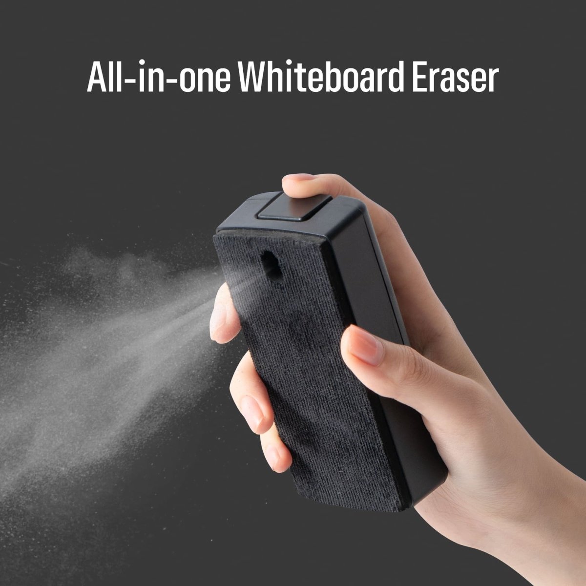 A product image showing a hand holding the LOUKIN all-in-one dry erase eraser, SKU W3505K, and using its built-in spray function.
