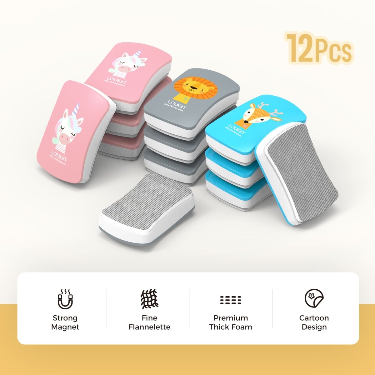A product image of a twelve-piece set of the LOUKIN kids dry erase erasers, model W3507. The image highlights the product features: a strong magnet, fine flannelette material, premium thick foam, and a cute cartoon design.