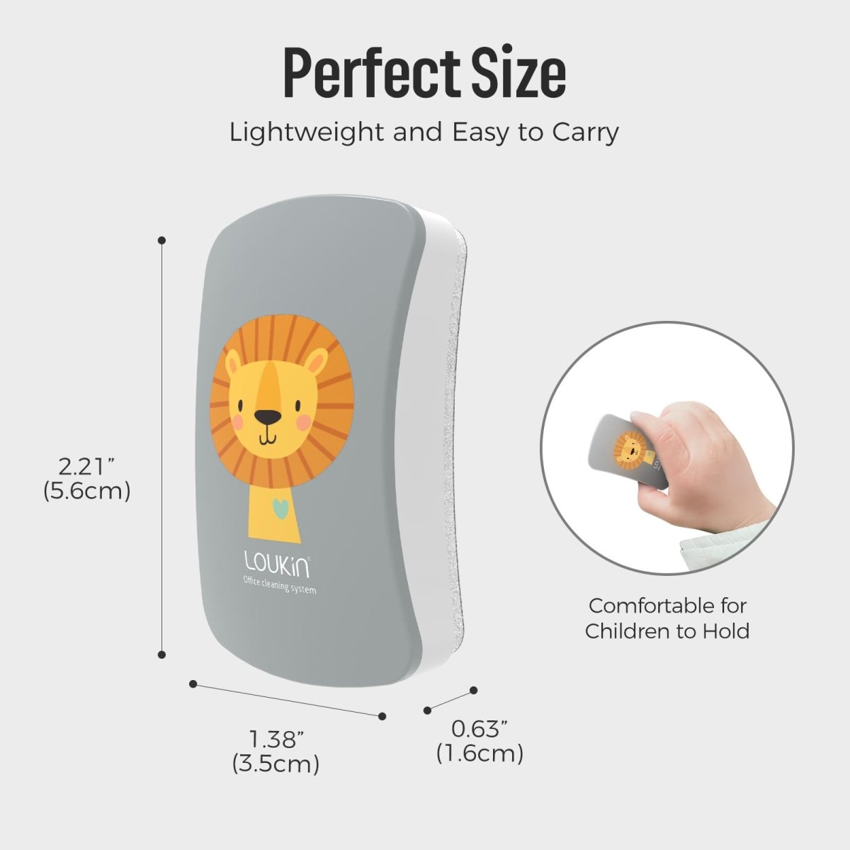 A product image showing the dimensions of the LOUKIN Kids Dry Erase Eraser, model W3507, with a lion design. The image highlights that the size is perfect, lightweight, and easy for children to hold, with dimensions of 2.21 inches by 1.38 inches by 0.63 inches.