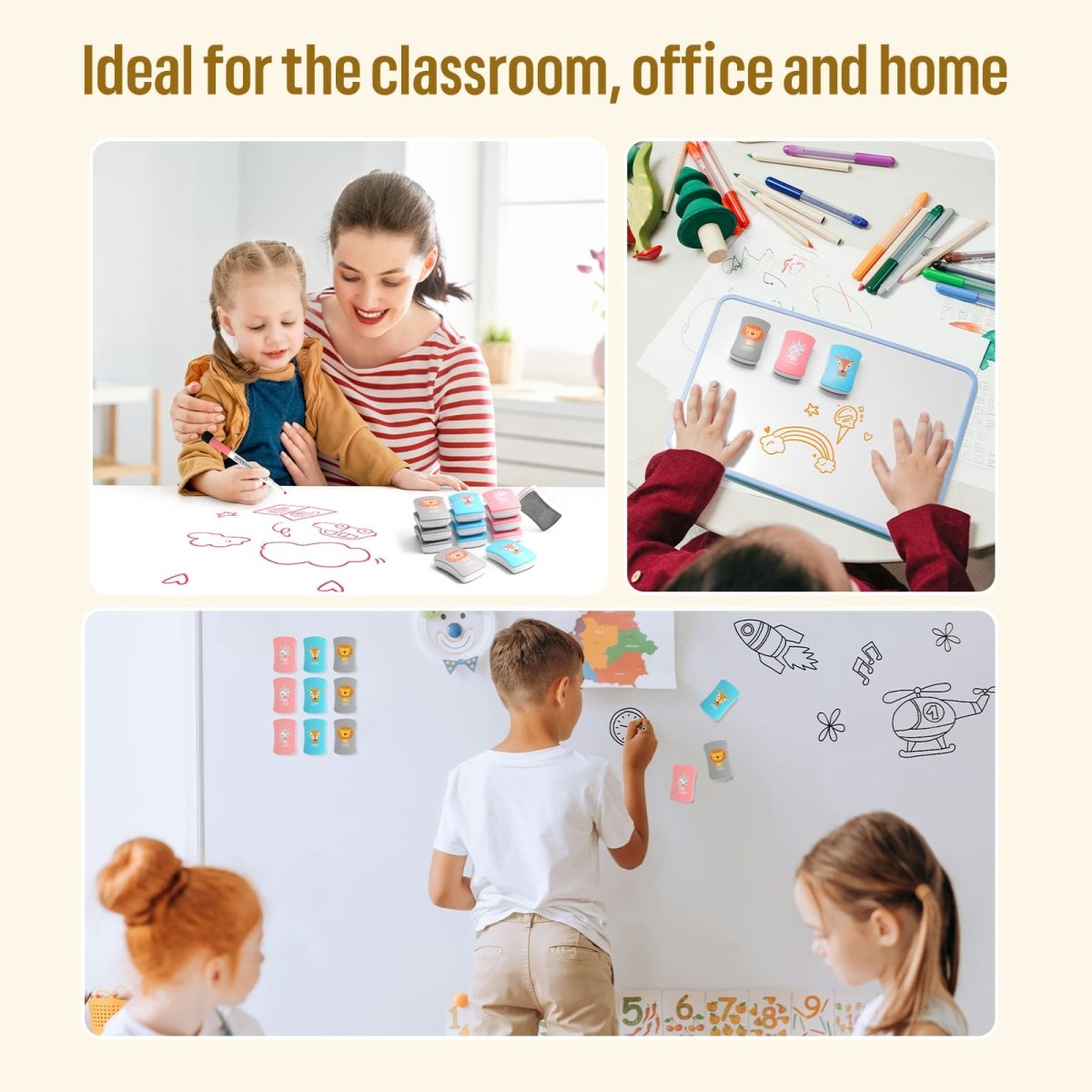A product image demonstrating the LOUKIN Kids Dry Erase Eraser, model W3507, in use in various settings, ideal for the classroom, office, and home environments.