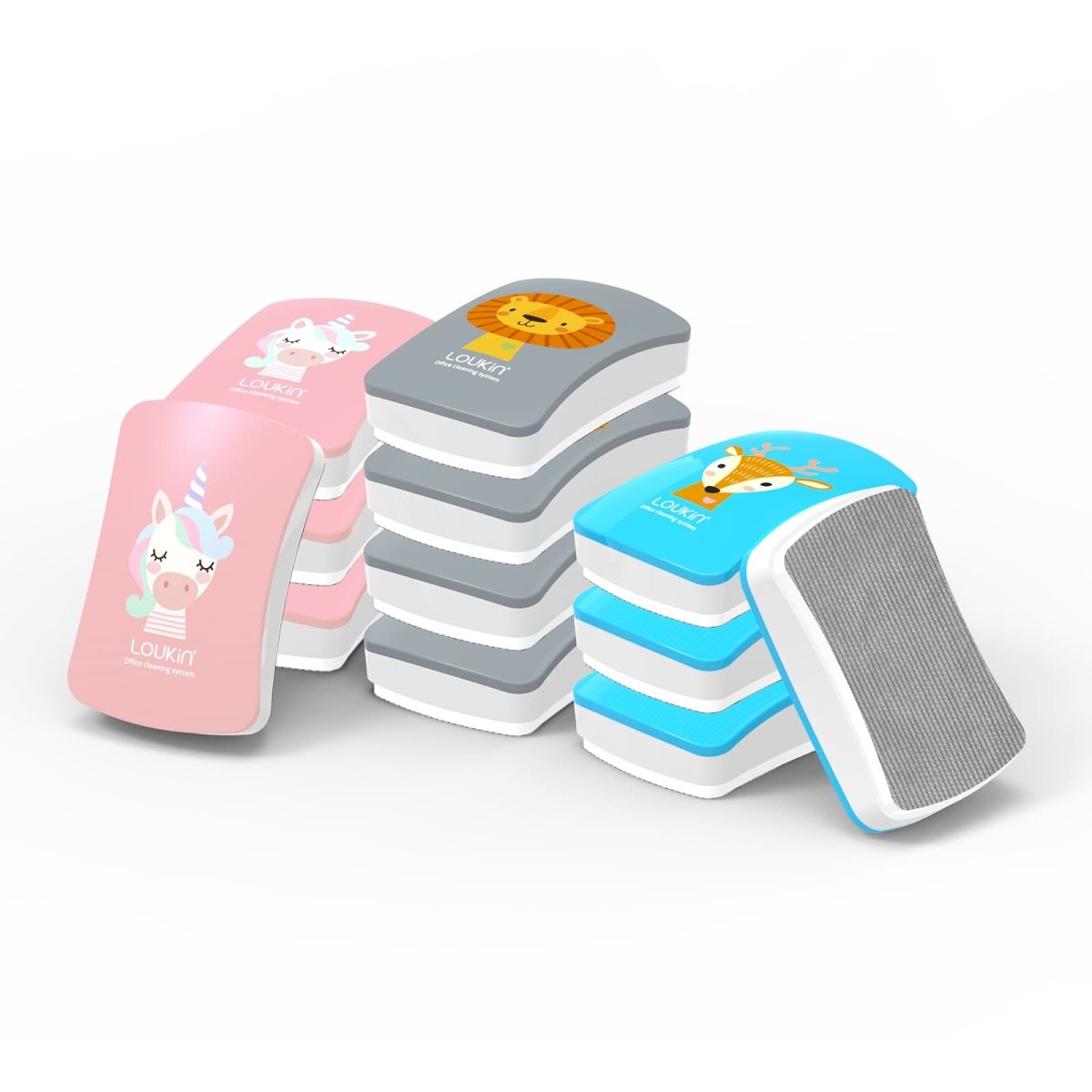 A product image of the LOUKIN kids dry erase erasers, model W3507, with fun animal designs on the front, including a unicorn, a lion, and a deer.